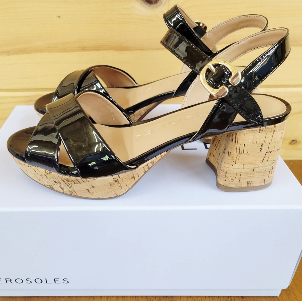 AEROSOLES Black and Tan Platform Sandals with Cork Heel